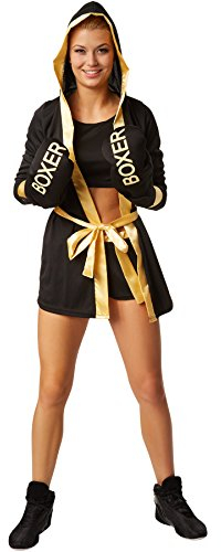 dressforfun 900377 Frauenkostüm Boxerkostüm mit Short, Top, Mantel mit Kapuze, Gürtel und Boxhandschuhen (S | Gold | no. 301819)