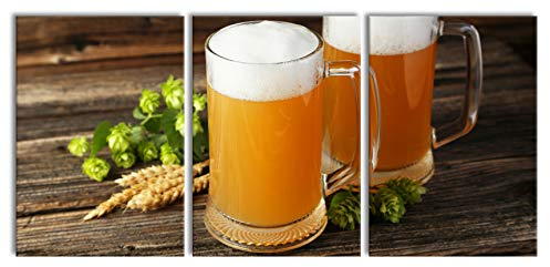 Pixxprint Köstliches Bier mit Hopfenblüten als XXL Leinwandbild in Übergröße 210x100cm Gesamtmaß 3 teilig, Wandbild, Kunstdruck