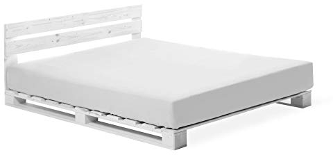 PALETTI Palettenbett inklusive Kopfteil Massivholzbett Holzbett Bett aus Paletten mit 11 Leisten, Palettenmöbel Made in Germany, 90 x 200 cm, Fichte Weiss