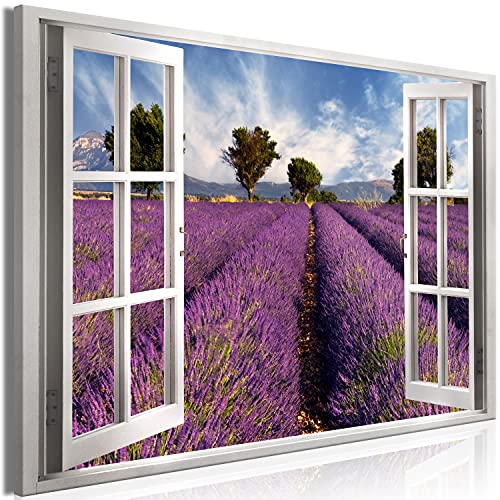 murando - Wandbilder XXL Fensterblick 120x80 cm 1 tlg - Wand Deko Vlies Leinwand Bilder Groß Wanddeko Wohnzimmer Schlafzimmer Kunstdrucke - Landschaft Lavendel c-C-0370-b-a
