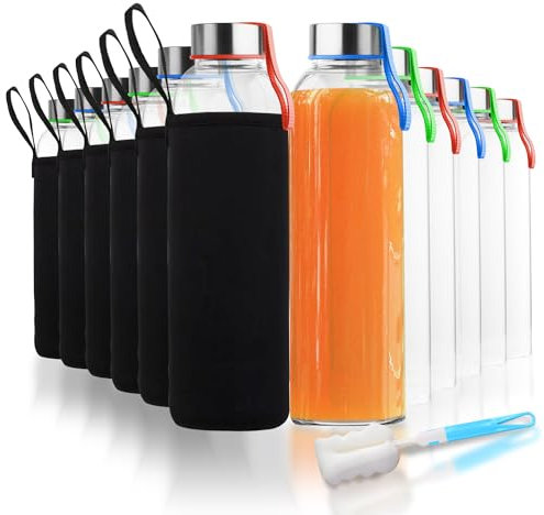 Chef's Star Lot de 12 bouteilles d'eau en verre pour boissons et presse-agrumes en acier inoxydable anti-fuite avec boucle de transport colorée - Avec 12 pochettes de protection en nylon noir