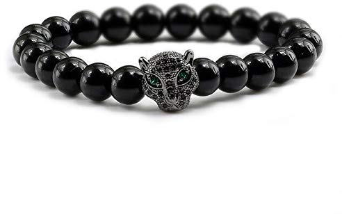 DJMJHG Cz Imperial Crown Tiger Leopard Armbänder Bright Black Naturstein Elastic Perlen für Männer oder Frauen Armband Schmuck Black Panther Kopf