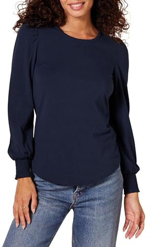 Amazon Essentials Women's Long-Sleeve Crewneck Smocked Cuff T-Shirt, Navy, L