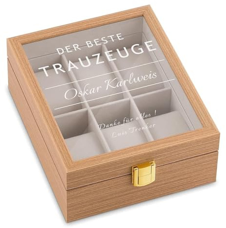 Maverton Uhrenbox mit Gravur für 6 Uhren, Jewelkeeper Hellbraun | Uhrenschachtel, 20x16,5x8cm, Uhrenaufbewahrungsbox aus Holz, personalisiert, Geschenk zum Geburtstag für Männer