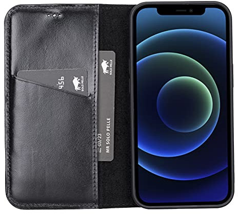 Solo Pelle aufklappbare Lederhülle kompatibel für iPhone 13 in 6.1 Zoll inkl. 1 Kartenfach für das original Apple iPhone 13 (Schwarz)