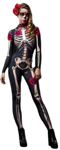 AMCYT Damen Halloween Horror Schädel Cosplay Kostüm Kinderkleidung Erwachsene Rose Blume Skelett Overall (Damen,S)
