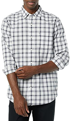 Amazon Essentials Men's Long-Sleeved Slim-Fit Stretch Poplin Shirt, Dark Navy White Plaid, XS