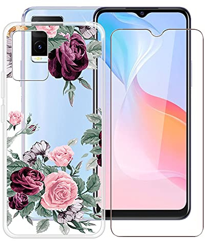 HHUAN Coque pour Vivo Y21 2021/V2111, avec 1 Pièces Protecteur d'écran Verre Trempé, Transparent Souple TPU Housse Protection, Antichoc Silicone Etui pour Vivo Y21 2021/V2111 (6.51 ) - YQ12
