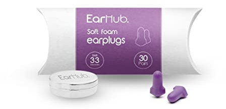 EarHub Soft Foam Earplugs, Hearing Protection 33dB, Ear Plugs Best Used for Sleep, Also Used for Travel, Work, Study & Concerts, Purple, 30 Pairs