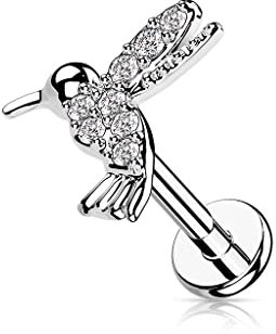 BlackAmazement 316L Edelstahl Labret Monroe Tragus Helix Ohrstecker Kolibri Vogel 6mm 8mm Zirkonia CZ rose gold silber Damen (Farbe Silber - Stablänge 8mm)
