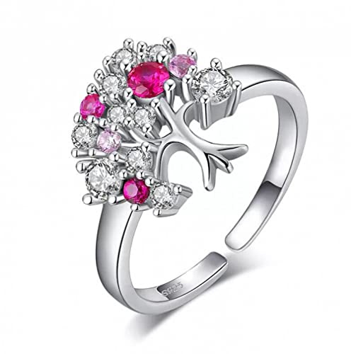 ACGZBD Anello Regolabile Aperto in Argento Sterling 925 con Rubino Rosso Albero della Vita per Anello con Pietre preziose da Donna