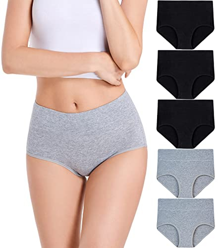 HAVVIS Unterhosen Damen Stretch Baumwolle Hohe Taille Slips Weich Atmungsaktiv Bequeme Unterwäsche Mehrpack (S, C02-5er Pack - 3schwarz, 2Grau)