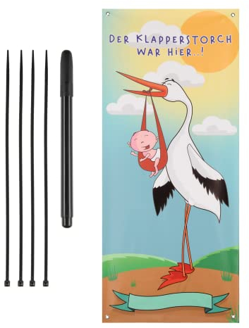 Makai Baby Banner Hochkant Plakat zur Geburt Storch Geschenk 70 x 160 cm Plakat für Balkon Garten zum Aufhängen am Haus für Kind Geschenk mit Storch der Klapperstorch war Hier Mehrfarbig