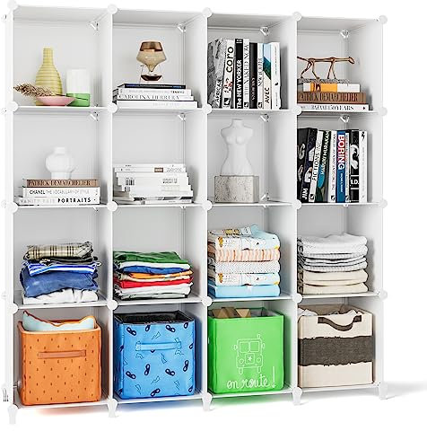 FUNLAX Cube Storage Unit, 16 Cube Bookcase Bookshelf Portable Bathroom Storage Plastic Cube Organiser Stackable Cube Shelving Unit for Clothes Books Toys Yarn Shoes