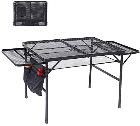 WGOS Grill Table, Camping Table, Camping Grill Table, Portable Grill Table, Metal Tabletop w/Carry Handle & Mesh Holder for RV Travel, BBQ, Beach & Outdoor (4.4 FT)