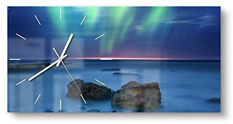 DEQORI Glasuhr | vertikal 60x30 cm | Motiv Polarlicht über Felsküste | große XXL Design Uhr aus Glas | leise Wanduhr für Wohnzimmer & Küche | Moderne Hingucker Uhr für die Wand
