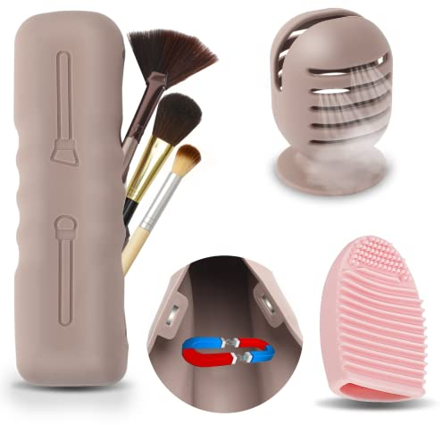 Pinsel Aufbewahrung Set,UPINS Silikon Pinsel Aufbewahrung mit Magnet Portable Make Up Pinsel Tasche mit Schwammhalter und Pinselreiniger Make Up Pinsel Halter für Reisen Aufbewahrung