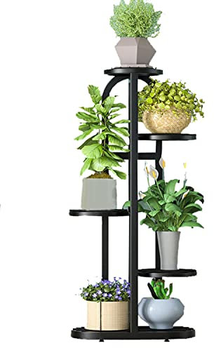 Metall Blumenständer Pflanzenständer,Blumenregal Pflanzenregal Blumenbank Mehrstöckiges Blumentreppe for Drinnen & Draußen, 5-stufige 6 Töpfe (Color : Schwarz)