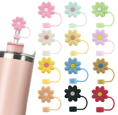 Velaco 12 Pack Silicone Straw Cover Caps Compatible with Stanley 30 and 1.2L Cups, 10mm Cute Flower Straw Toppers for Drinking Glasses, Dustproof Straw Caps for Reusable
