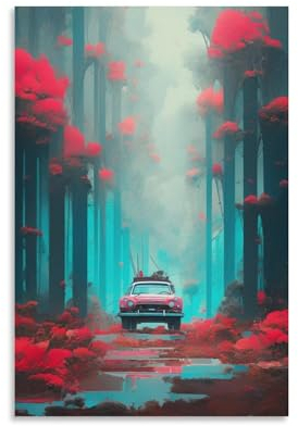 AEMYSKA Comic-Auto-Wandkunst für Wohnzimmer, rote Wildpflanzen, Naturwald, Gemälde auf Leinwand, Wandkunst, Poster für Heimdekorationen, Wanddekoration