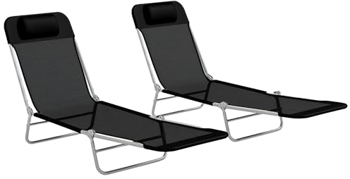 Outsunny Folding Sun Loungers for Garden Set of 2 Texteline Black