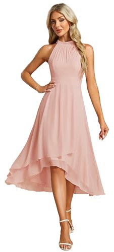 Ever-Pretty Abito Cerimonia Donna Spalle Scoperte Pieghe High Low Senza Maniche Chiffon al Ginocchio Abito da Ospite Orlo Irregolare Comodo Rosa 44
