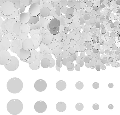 DICOSMETIC 6 Größen 880 Stück Flache Runde Pailletten Kunststoff-Paillette Für Basteln 8/10/12/16/19/25 mm Silber Metallisch Große Lose Pailletten Für Dekoration Kleidung Stickerei, Bohrung: 1,4 mm