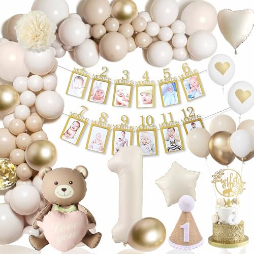 Geburtstagsdeko 1 Mädchen Junge, 1. Geburtstag Deko mit Luftballons Beige Gold, Kindergeburtstag Deko 1 Jahr mit Bär Folienballon, Girlande Geburtstag für 1 bis 12 Monate Baby