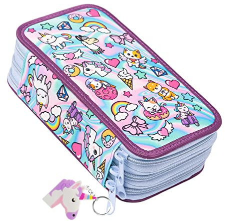 Ferocity Mäppchen Federtasche 3 Fach Federmäppchen Schüleretui Schlamperbox Stiftemappe mit 3 Reißverschluss-Fächern Motiv Holo Sweet Stickers [150]
