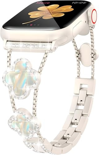 Bling Armband kompatibel mit Apple Watch 38mm 40mm 41mm 42mm 44mm 45mm 46mm Serie SE 10 9 8 7 6 5 4 3 2 1, Damen Funkeln Diamant Armband, süße glückliche Klee Ander iwatch