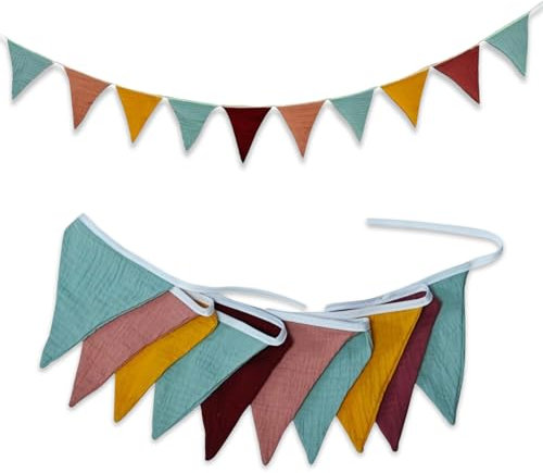Wimpelkette Kinderzimmer, 2.36m Musselin Baumwolle Stoff Wimpelketten Boho Wimpel Girlande Hausbett Deko zum Aufhängen für Geburtstag Monatliche Decke Fotohintergrund