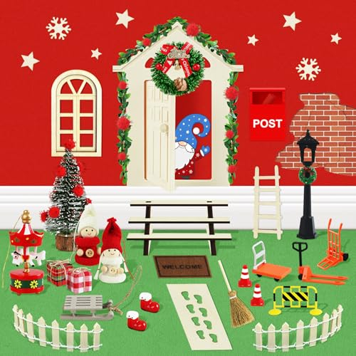 Porta Elfo Natale Apribile Kit, Porticina Elfo Natale Accessori Magica con Cassetta Lettere, Lampioni, Slitta, Casetta Casa Elfo Natale Miniature Decorazioni Natalizie Regalini Natale per Bambini
