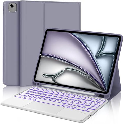 JADEMALL Coque Clavier avec Trackpad pour iPad Air 11 Pouces M2/M3 2024/2025, AZERTY Français Clavier Rétroéclairé avec Pavé Tactile pour iPad Air 11, Détachable Clavier avec Porte-Crayon, Violet