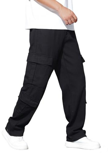 Zewool Herren Casual Baggy Cargo Denim-Hosen Hose mit Taschen Weite Beinform Skater Jeans Y2K Hip Hop Streetwear Gerade Hosen Entspanntes Lockere Passform 2000er Skateboard Streetwear,A10 Schwarz,M