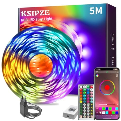 KSIPZE Tira de luces LED RGB de 5 m, con mando a distancia, Bluetooth, sincronización de música, temporizador, regulable, cambio de color, tira de luz, tira de luz, tira de luz, tira de iluminación