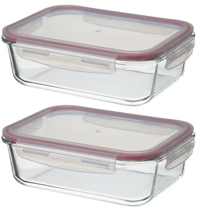 LOLAhome Set de 2 fiambreras de cristal con tapa hermética de 1500 ml. Juego de 2 recipientes herméticos de vidrio de borosilicato transparente apto para microondas, horno hasta 400ºC y congelador.