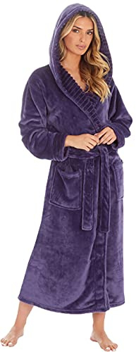 KATE MORGAN Ladies Dressing Gown Fluffy Super Soft Hooded Bathrobe for Women Plush Fleece Perfect Loungewear Long Robe | Gifts for Women Purple 16-18