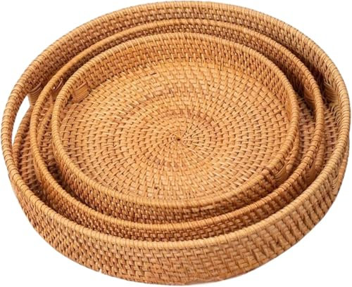 Dudoplatz Rundes Rattan Serviertablett mit Ausgeschnittenen Griffen, Handgeflochtenes Dekoratives Tablett, einsetzbar für Frühstück, Getränke, Snacks und Kerzen (3er-Set: 25 cm, 30 cm, 35 cm)