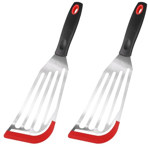 UICCVOKK 2 Fish Slice Spatula, Kitchen Utensils, Metal Spatula, with Silicone Top Soft Edge Slotted Spatulas Turner, Lightweight Sturdy Fish Spatulas for Cooking Egg Pancake Omelette