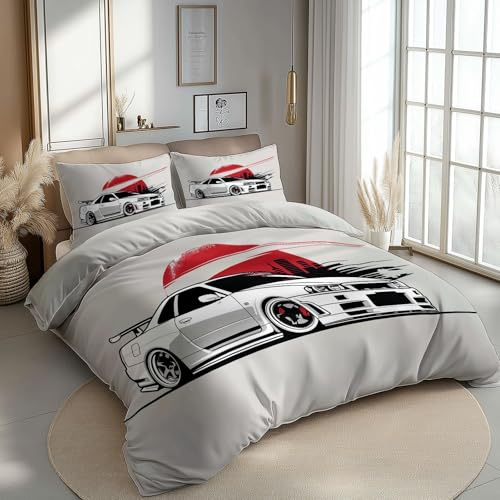 CozyRest Kind Bettwäsche Set 155 x 220 cm, Japanischer Sportwagen Bettbezug Set 3 Teilig, Weiche Microfaser Wende Rauchgrau Bettwäsche mit Reißverschluss und 2 x 80x80cm Kissenbezüge