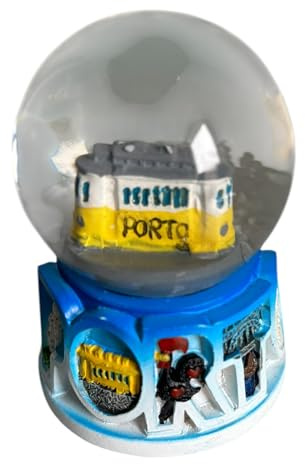 Portugal glitzernde Wasser-Schneekugel Figur in berühmten Monumenten und Sockel-Designs – portugiesischer Schneeball – schönes Souvenir Geschenk aus Portugal (Straßenbahn)