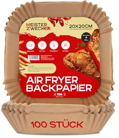 MEISTERZWECK4U Airfryer Backpapier 100 Stück 20x20cm, 100% reines Zellstoffpapier, wasserfest & ölfest - Backpapier für Heißluftfritteuse, Backofen & mehr, hitzebeständig bis 220°C, Zubehör air fryer