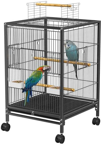 UISEBRT Vogelkäfig mit Rollen, Holzstangen und Futternäpfe - Großer Vogelhaus Vogelvoliere Metall Vogelbauer Käfig Vogel für Finken Kanarienvögel Wellensittiche Schwarz (Typ E, 46x46x91cm)