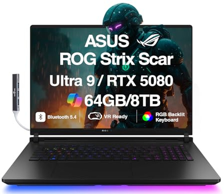ASUS ROG Strix Scar AI Gaming Ordinateur portable 18 240 Hz Mini écran LED WQXGA (Intel Ultra 9-275HX, GeForce RTX 5080 16 Go, 64 Go DDR5, 8 To PCIe SSD, RGB KB, Win 11 Pro) avec extension de port