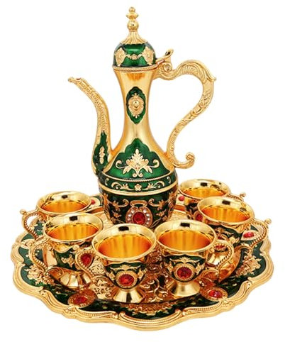 Moroccan Tea Set, 6Pcs Turkish Coffee Cup Set with Pot, Vintage Kitchen Accessories for Home, Party, Wedding(Green)