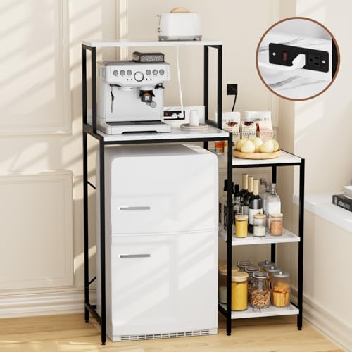 QieerHior Mini Fridge and Microwave Stand Over Refrigerator Storage Shelf with Power Outlet, 5 Tiers Adjustable Bakers Rack Cabinet Coffee Bar Appliance Organizer for Dorm Office,Marble-Look