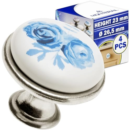 MONTERAL 4 Stück Möbelknöpfe Ø26,5 mm H23 mm - Motiv Blaue Rosen - Schrankknöpfe aus Zink-Aluminium Legierung - Schrankgriffe in Farbe Antik Silber und Weißes Porzellan - Garantie 10 Jahre