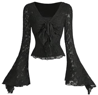 GORGLITTER Women's Lace Sheer V Neck Bow Tie Front T Shirts Bell Long Sleeve Skinny Elegant Party Goth Tops