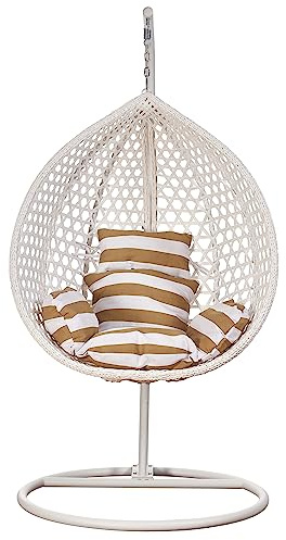 RAMROXX Luxus Hängesessel Style XXL Rattan Korb und Gestell Weiss mit Relaxkissen Braun