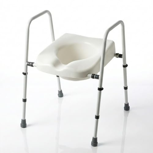 Fully Adjustable Toilet Frame with Seat – Raised Toilet Seat Riser with Arms – Freestanding Commode Toilet Chair for Elderly & Disabled – Height and Width Adjustable Toilet Aid for Sitting and Rising